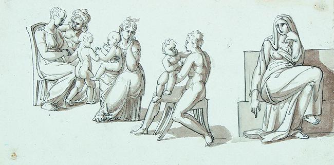 CHRISTIAN FRIEDRICH TIECK - zugeschrieben:: CHRISTIAN FRIEDRICH TIECK - zugeschrieben 1776 - Berlin - 1851 Figurenszene mit Männern und Frauen mit Kindern. Lavierte Federzeichnung in Braun über Bleistift. Auf kräftigem hellgrauen Bütten. 11