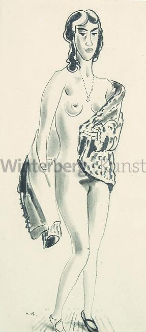 MAX ACKERMANN: Stehender weiblicher Akt mit Kette,: MAX ACKERMANN Berlin 1887 - 1975 Bad Liebenzell Stehender weiblicher Akt mit Kette, eine Jacke ausziehend. Gewischte Kohle- und Bleistiftzeichnung um 1920. Monogrammiert. Auf chamoisfarbenem Vélin. 6