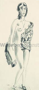 MAX ACKERMANN: Stehender weiblicher Akt mit Kette,: MAX ACKERMANN Berlin 1887 - 1975 Bad Liebenzell Stehender weiblicher Akt mit Kette, eine Jacke ausziehend. Gewischte Kohle- und Bleistiftzeichnung um 1920. Monogrammiert. Auf chamoisfarbenem Vélin. 6