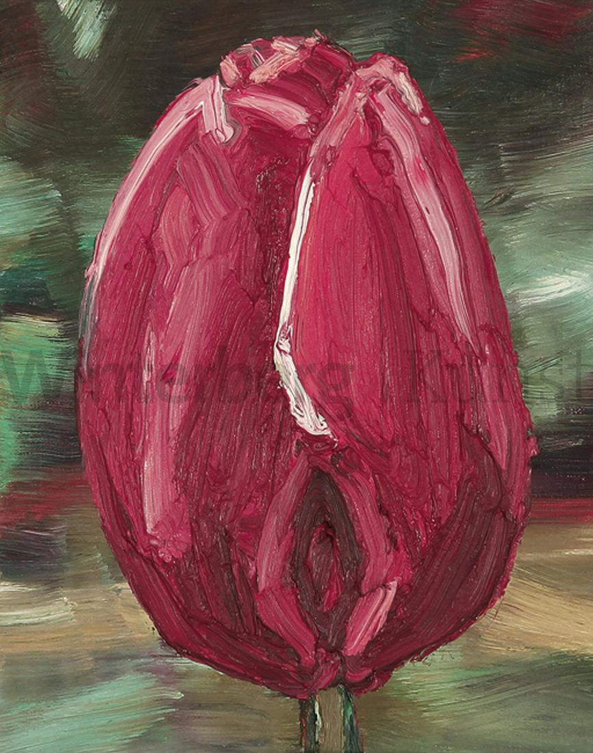 RALPH FLECK: „Tulpe 10/XII“.: RALPH FLECK Freiburg/Brsg. 1951 - tätig in Freiburg, Kirchzarten und Sóller/Mallorca „Tulpe 10/XII“. Oel auf Leinwand 1995. Signiert (zweifach), datiert und betitelt. 30 x 24 cm. Gerahmt. [bg]