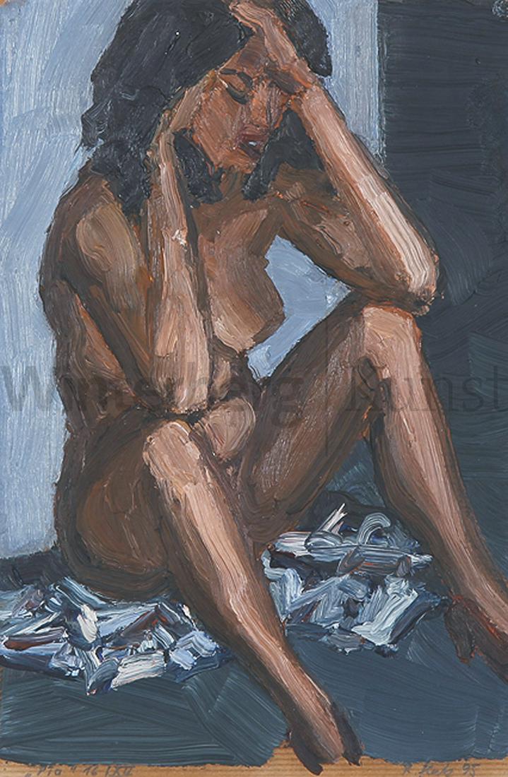 RALPH FLECK: „Pia 16/XII“. Sitzender weiblicher Akt.: RALPH FLECK Freiburg/Brsg. 1951 - tätig in Freiburg, Kirchzarten und Sóller/Mallorca „Pia 16/XII“. Sitzender weiblicher Akt. Oel auf braunem Packpapier 1995. Signiert, datiert und betitelt. 30 x