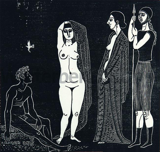 GERHARD MARCKS: Parisurteil II.: GERHARD MARCKS Berlin 1889 - 1981 Köln Parisurteil II. Weißlinienholzschnitt 1959. Lammek H 326. - Expl. 28/50. Signiert. Auf chamoisfarbenem Japanbütten. 29,4 x 31 cm. Vollrandig. [ms]