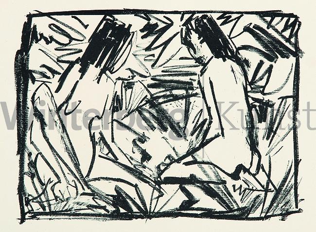 OTTO MUELLER: Ein sitzendes und ein kniendes Mädchen: OTTO MUELLER Liebau 1874 - 1930 Breslau Ein sitzendes und ein kniendes Mädchen unter Blättern. Lithographie 1920. Karsch 110, c. - Verso typographisch bezeichnet. Auf Kupferdruckpapier. 17,3 x 23,6