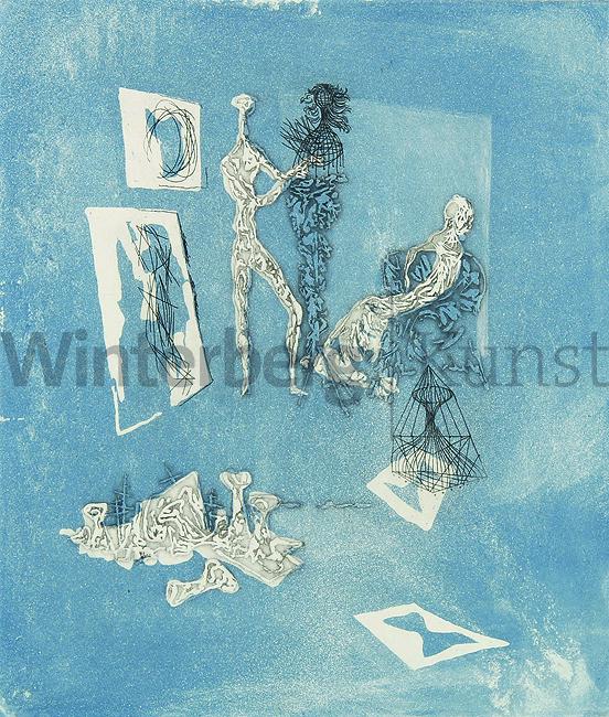 MAC ZIMMERMANN: Bildhauer H. U. [Hans Uhlmann] bei der: MAC ZIMMERMANN Stettin 1912 - 1995 München Bildhauer H. U. [Hans Uhlmann] bei der Arbeit - Aufmarsch der Ruinen - Surrealistische Landschaft mit Figuren und gespanntem Tuch. Aussprengverfahren in Bla