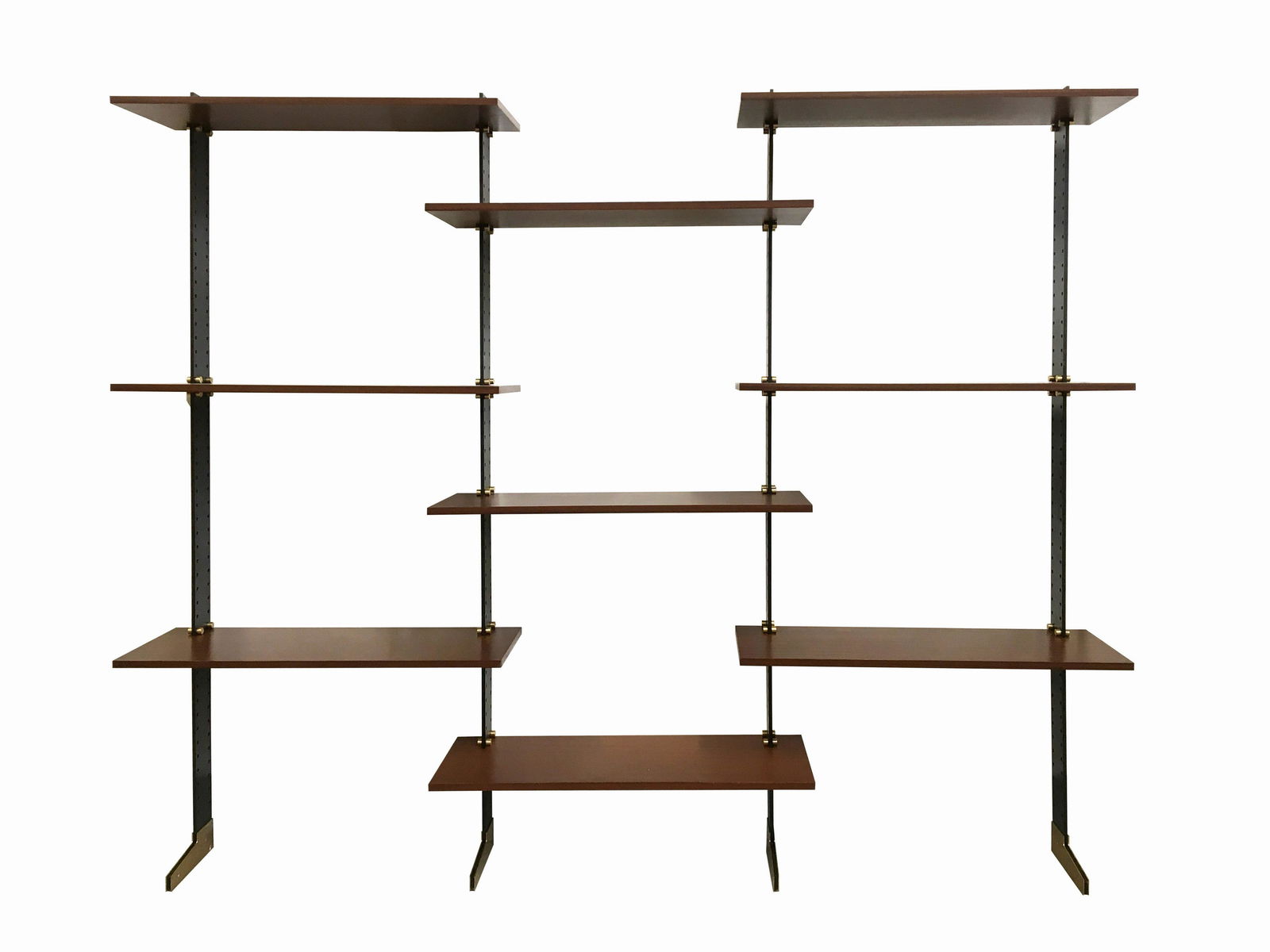 Elegie vintage bookcase by Ignazio Gardella for Azucena: Bookcase in Brass, Mahogany and Metal Dim: Width 265 cm Depth 35 cm Height 212 cm