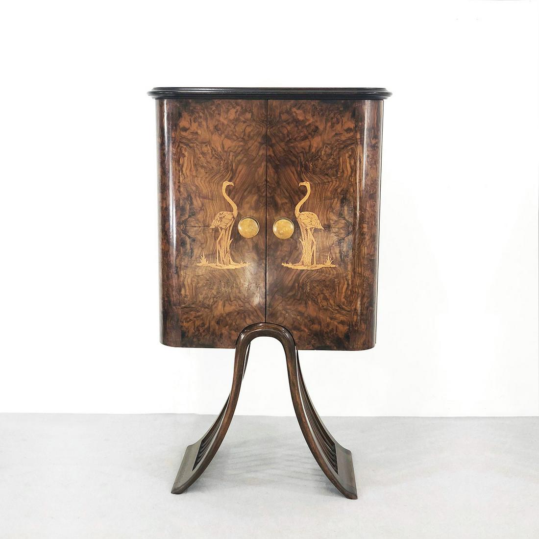 Bar Cabinet by Luigi Scremin, 1940s: A bar cabinet designed by Luigi Scremin with various compartments for storing bottles. In Mahogany, Onyx, Brass, Glass. Dim:Width 76 cm Depth 36 cm, Height 130 cm