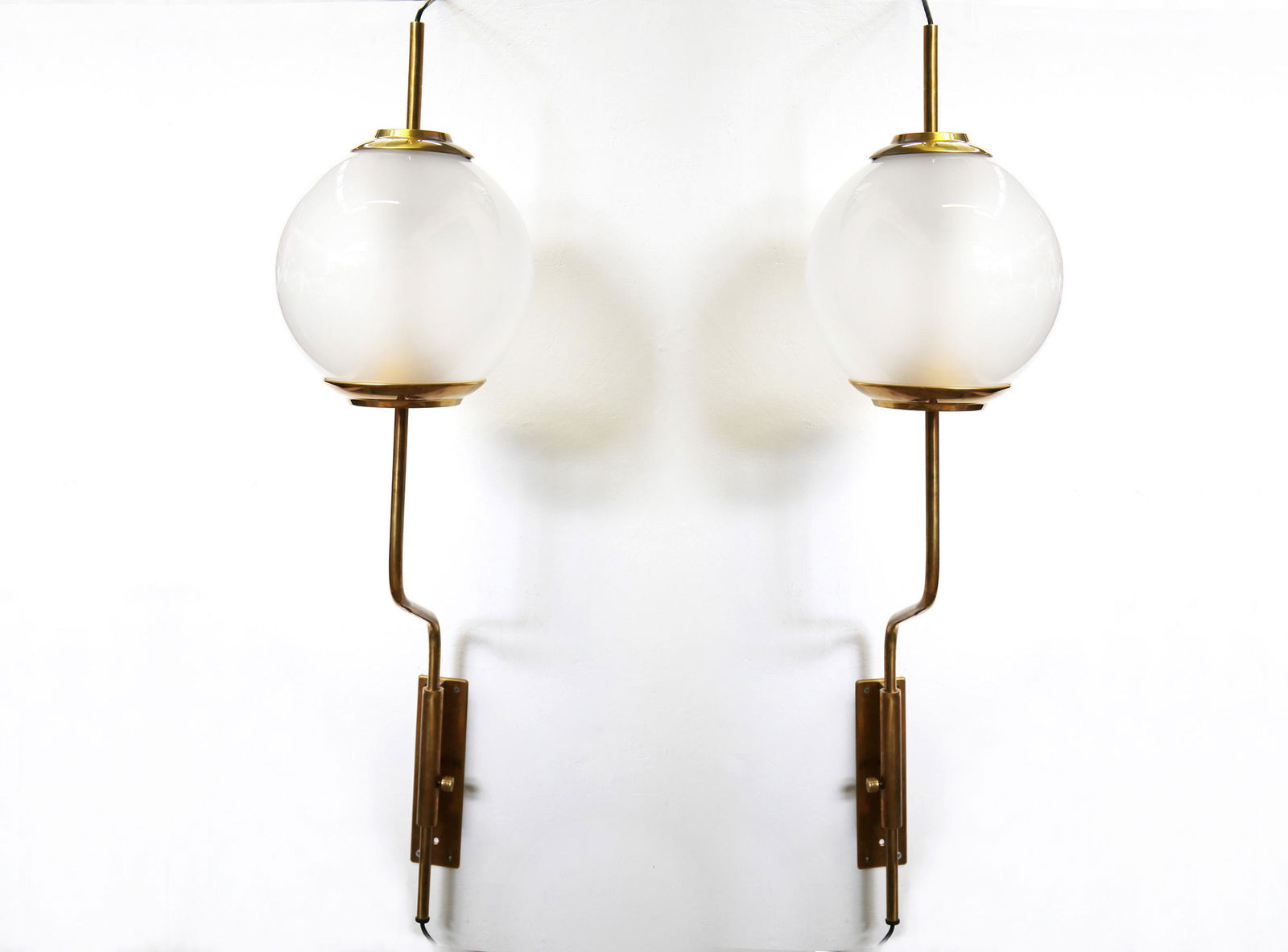 Pair of Model Lp11 "Pallone" Wall Lights by Luigi: Pair of large applique Lp11 model balloon designed by Luigi Caccia Dominioni for Azucena. Made in Italy, 1960. Patinated brass and brushed satin glass with vertical position that rotates left/right. B
