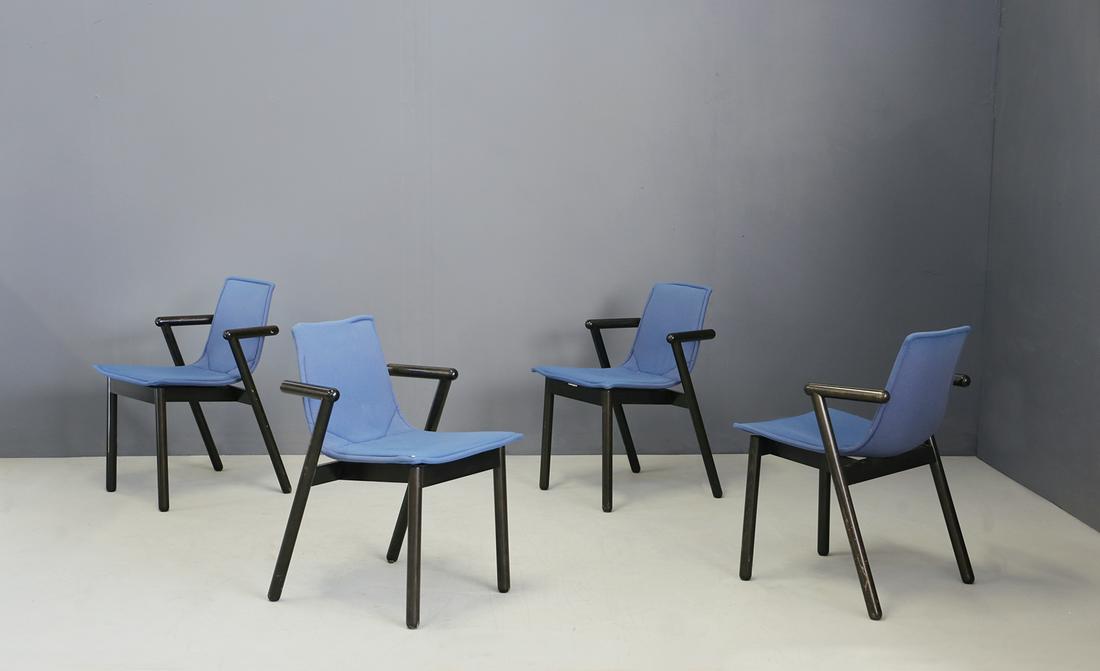 Cassina, black and blue lacquered wooden dining chairs,: Material: Fabric, Wood. Color Light Blue, Black. Dim: Width 48 cm, Depth 50 cm, Height 77 cm