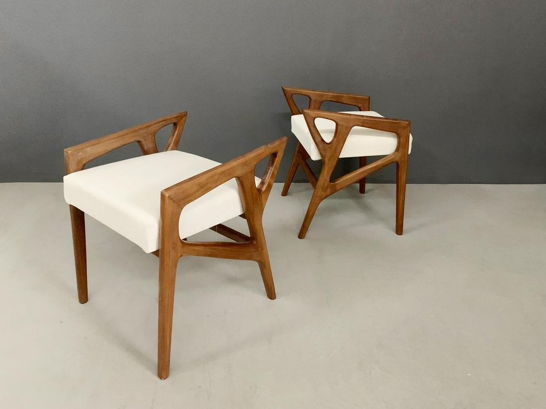 Mid-Century White Fabric & Walnut Stools by Gio Ponti,: Material Walnut, Fabric Colour White Dim: Width 45 cm, Depth 48 cm, Height 55 cm, Seat height 50 cm