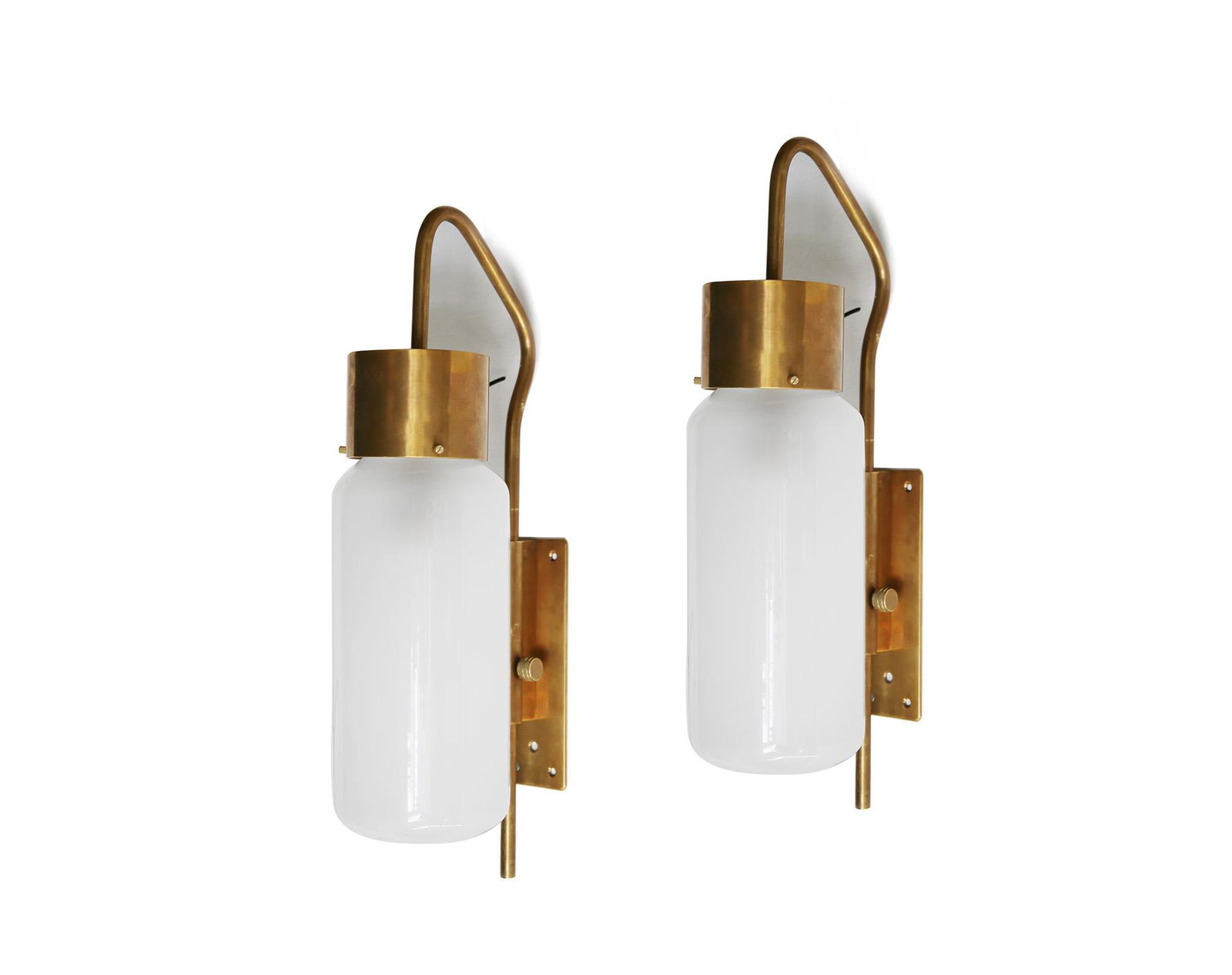 Luigi Caccia Dominioni for Azucena Pair of applique: Wall Lamp Model LP10. In brass and opaline glass. Dim: H 48 cm x W 13 cm x D 22 cm