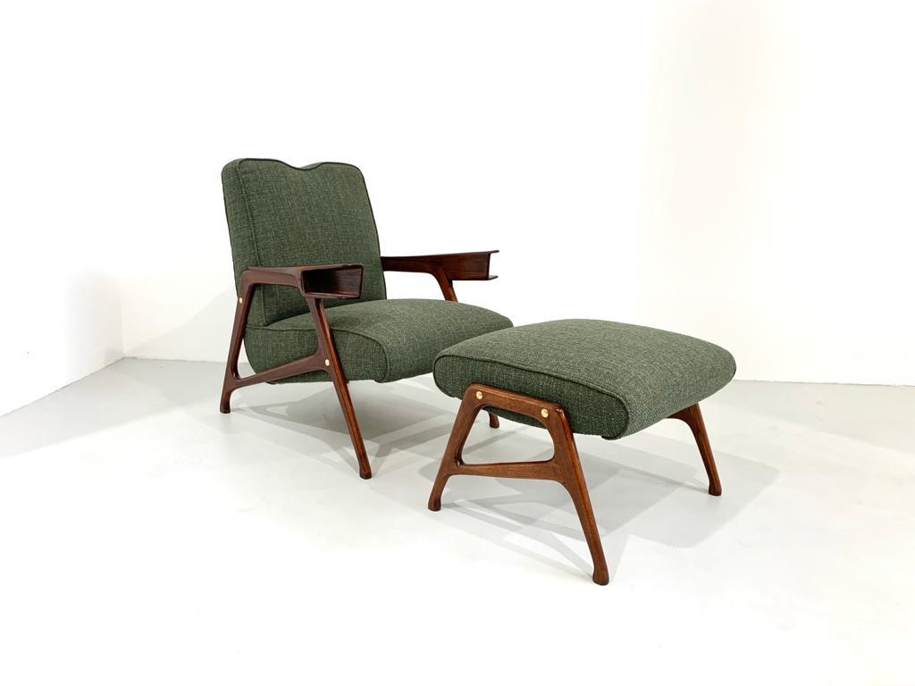 Augusto Romano - Italian Lounge Chair and Ottoman,: Width 63 cm Depth 85 cm Height 85 cm, Materials: Textile, Ash, Color Brown, forest green