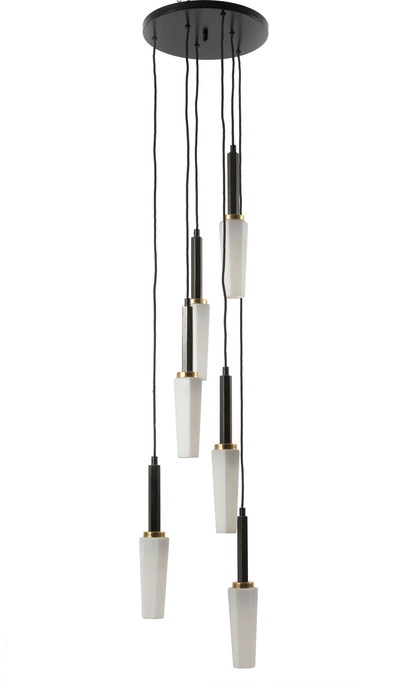 Angelo Brotto - Ceiling Lamp for Esperia, 1950s: Height 150 cm Diameter 30 cm, Materials: Glass, Iron, Brass, Color White, grey. The chandelier has six lights formed by an opaque glass cylinder mounted on an anthracite grey enamelled base and a b