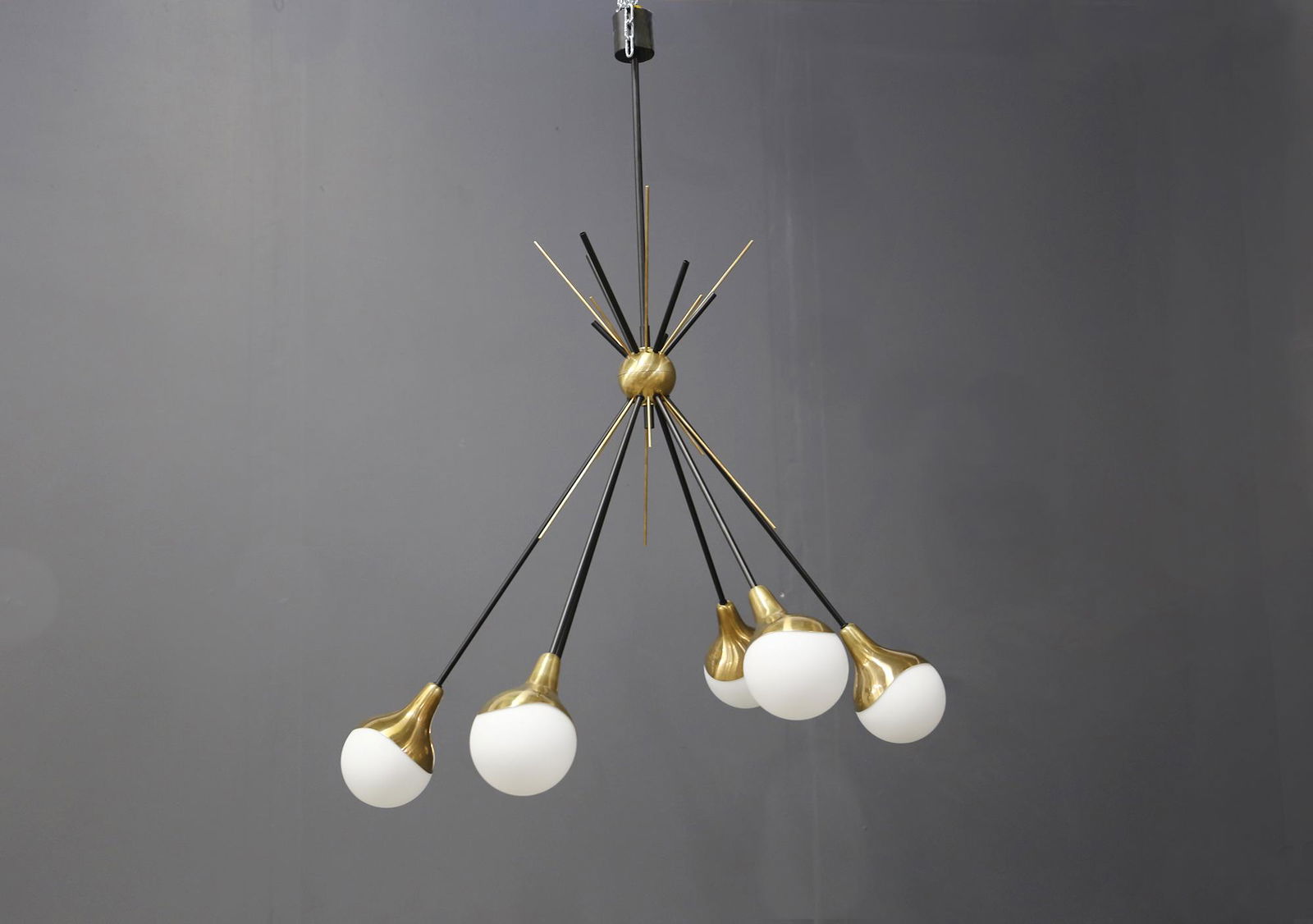 Stilnovo Chandelier flower in brass and opaline glass, (1 of 6)