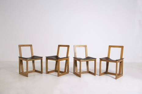 Set of 4 chairs Arch: Harry Rosenthal, Berlin 1950: The set of four chairs are made by Arch: Harry Rosenthal, Berlin 1950. It is part of the realization of a living room and kitchen corner. We attach publication. Made of wood and leather seat. H: 75 CM