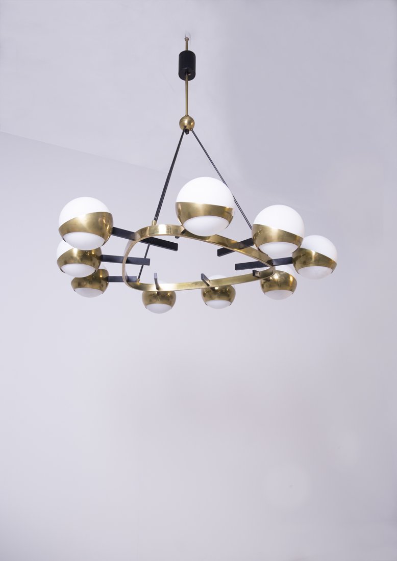 Stilnovo chandelier with 9 spheres and brass 1950 (1 of 7)