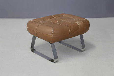 PERCIVAL LAFER POUF 1970 for Lafer MP: Ottoman pouf from the Earth Collection. The ottoman is designed by Brazilian Percival Lafer. Upholstered in brown patchwork leather. The leather seat has scratches that will be restored before the sal