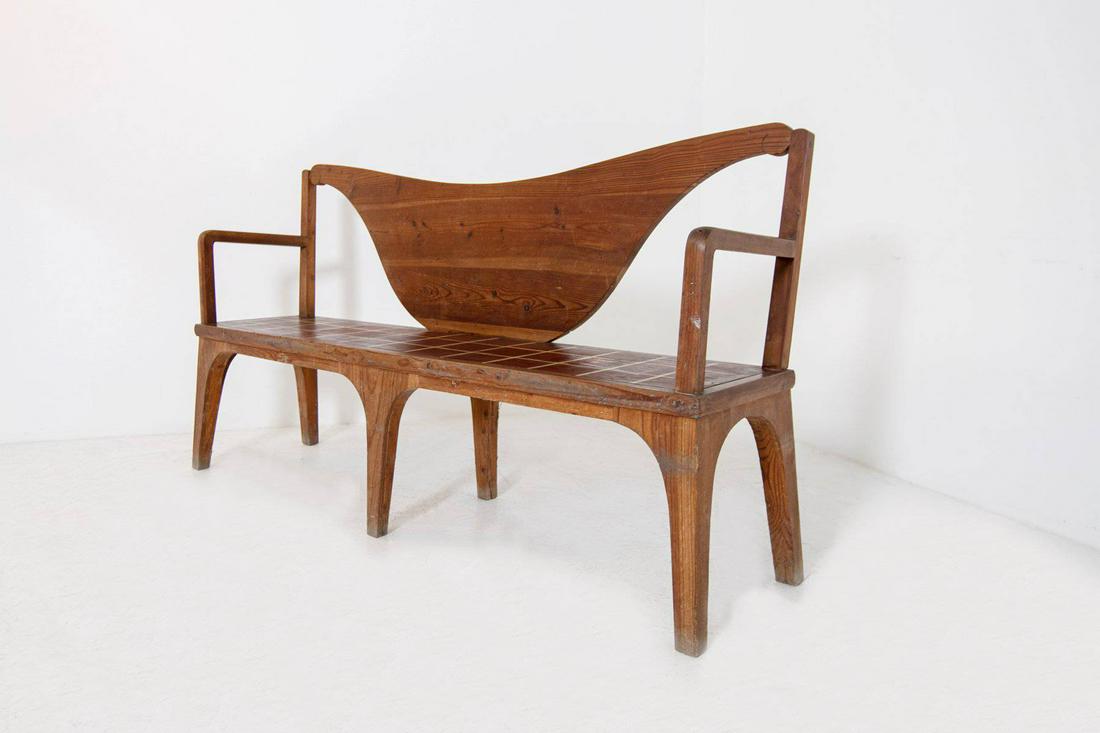 Bench by Paolo Buffa in Wood 1950: Wonderful bench in fine wood by Paolo Buffa of 1950.The bench has a back with a particular shape, the seat has modular squares of gold color.The bench thanks to its classic design can be placed in all