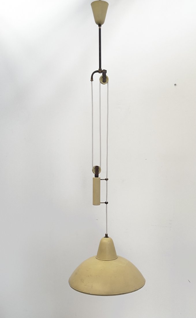 Angelo Lelli for Arredoluce Suspension, 1950s: Height 110 cm / 185 cm Diameter 36 Aluminum, Brass, Color Yellow