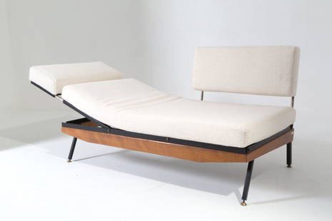 Multifunctional sofa. Production GIGI RADICE. 1950's.: Sofa in wood and iron with brass tips and white boucle fabric. Size of the open sofa Length cm. 200 H. cm. 40 D. cm. 70 ca.Size of the sofa when closed Length cm. 140 Height cm. 77 Depth cm. 83 ca.