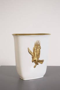 Italian Vase in Gold and Ceramics by Arrigo Finzi 1950s: talian vase from the 1950s made by the great silversmith Arrigo Finzi. The vase has a rectangular shape in porcelain. Its great preciousness is given by its interior completely covered in pure gold, a