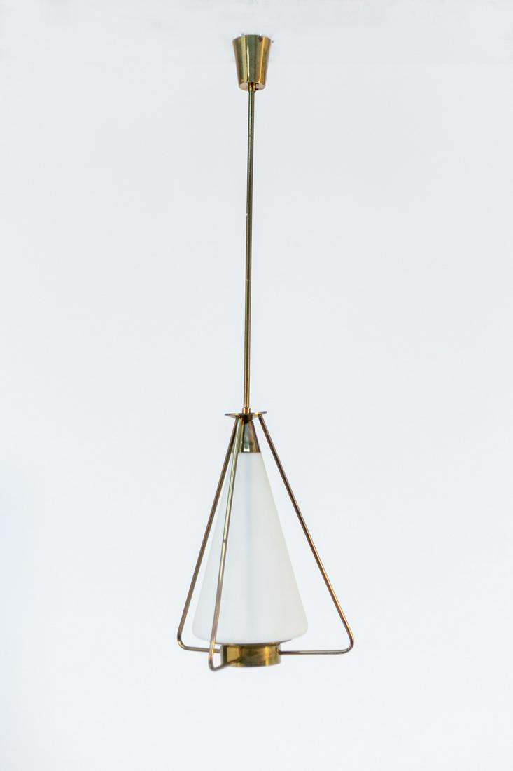 Italian Pendant by Stilnovo in Brass and Opaline Glass: Elegant Italian pendant of 1950s stilnovo manufacture. The pendant is made with a brass frame. Radiating from the main stem at the bottom are three brass tubes that serve as both ornamentation and sup