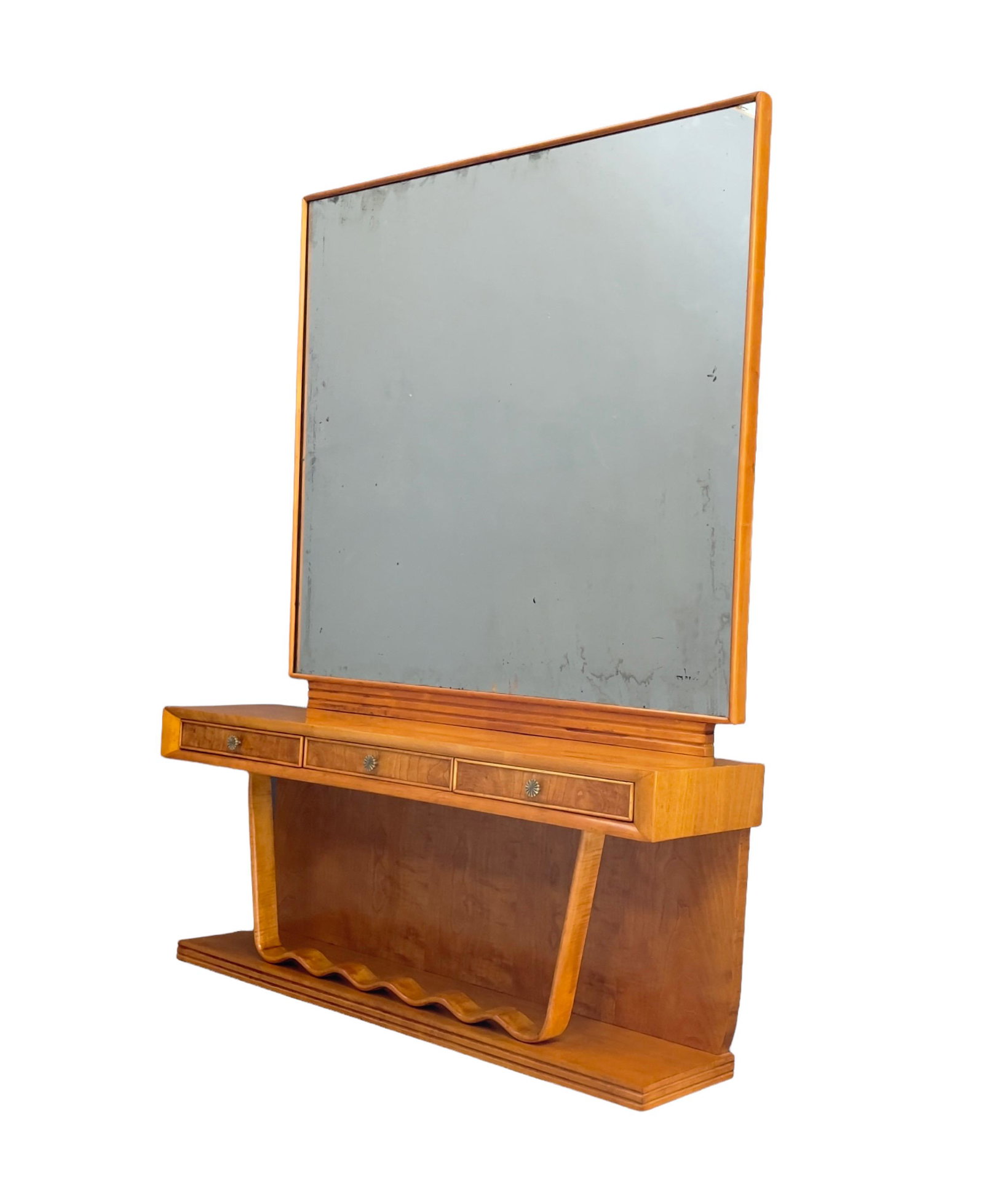 Mirror with drawers, 1930s: Maple and briar wood. Dimensions: Width 132 cm Depth 35 cm Height 177 cm