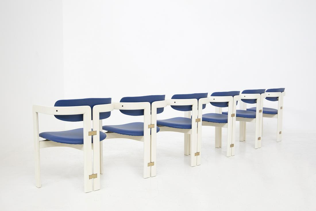 Six Pamplona Chairs by Augusto Savini for Pozzi in Lacquered Wood and Blue Leather (1 of 6)
