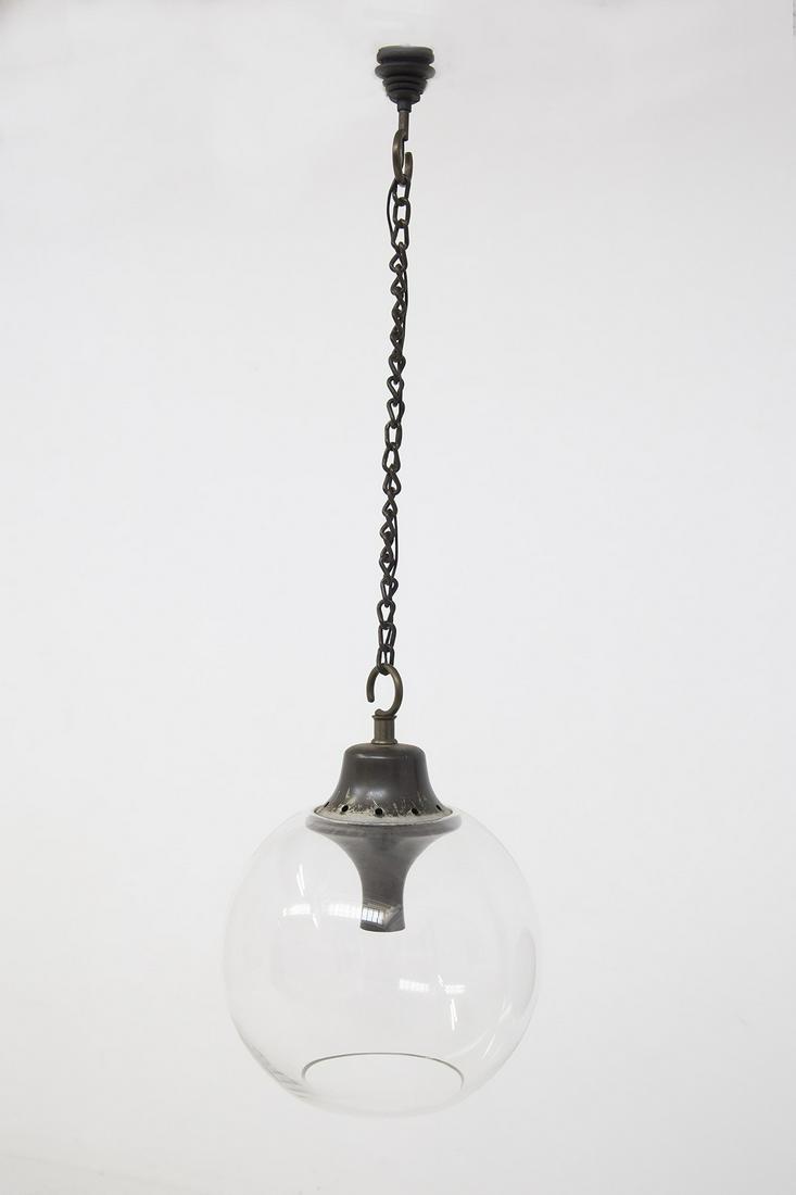 Boccia Ceiling Chandelier by Luigi Caccia Dominioni in Glass: Elegant hanging lamp designed by the great Luigi Caccia Dominioni in the 50's, of fine Italian manufacture. Its refined and innate elegance given by the sobriety of the forms, gives the environment ci