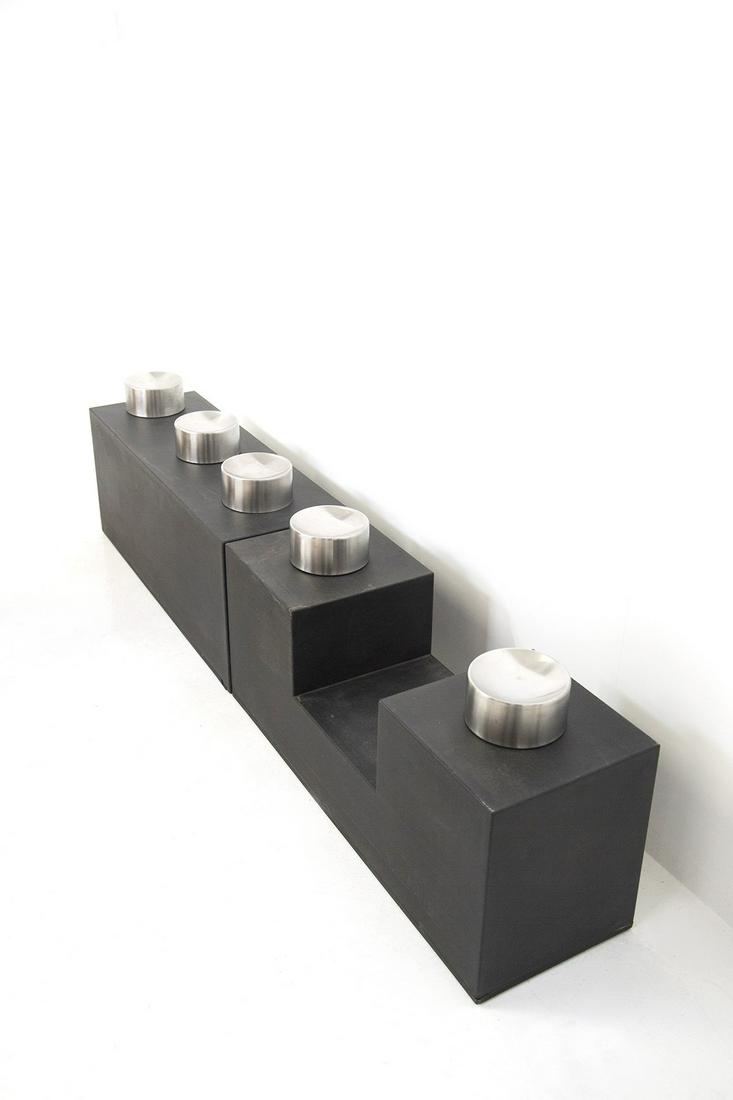 Set of 5 Steel Ashtray by Luigi Caccia Dominioni for Artemide, Original Label: Height: 7,5 cm Diameter: 15 cm Rare steel ashtray designed by the prestigious designer for the fine Italian manufacture Artemide, with original label, in the 1950s. The ashtray has a cylindrical shape