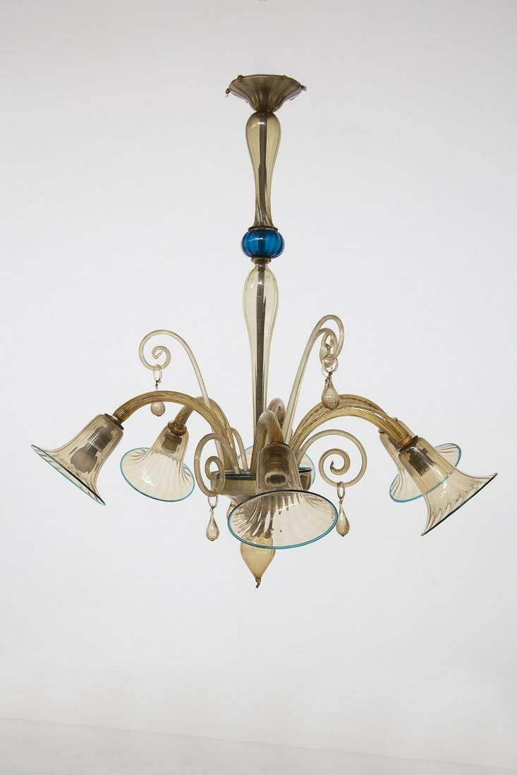 Amber Murano Glass Chandelier with Blue Edges by Cappellin  1930 (1 of 7)