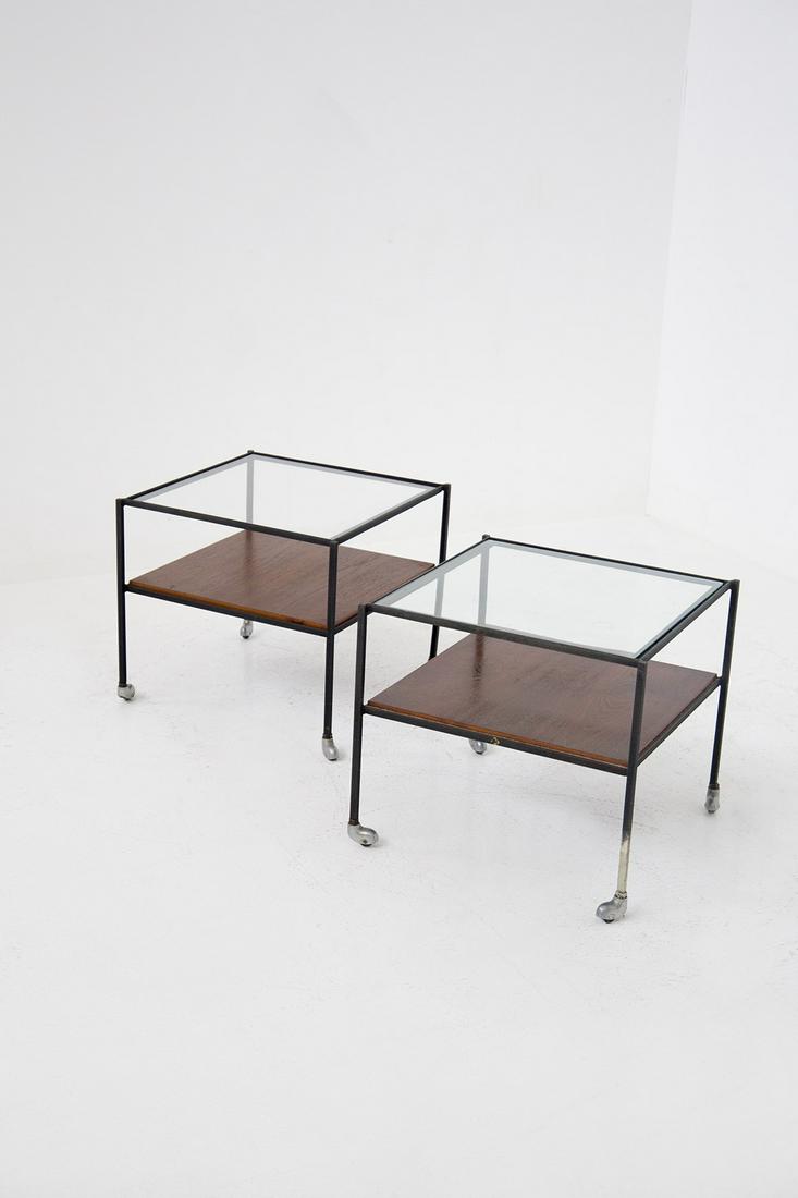 Azucena Pair of Living Room Tables in Glass: Height: 45 cm Width: 51 cm Depth: 51 cm Pair of coffee tables made in the 50s by the Azucena factory. Made with wooden and glass top. The feet are with castors to facilitate their movement.