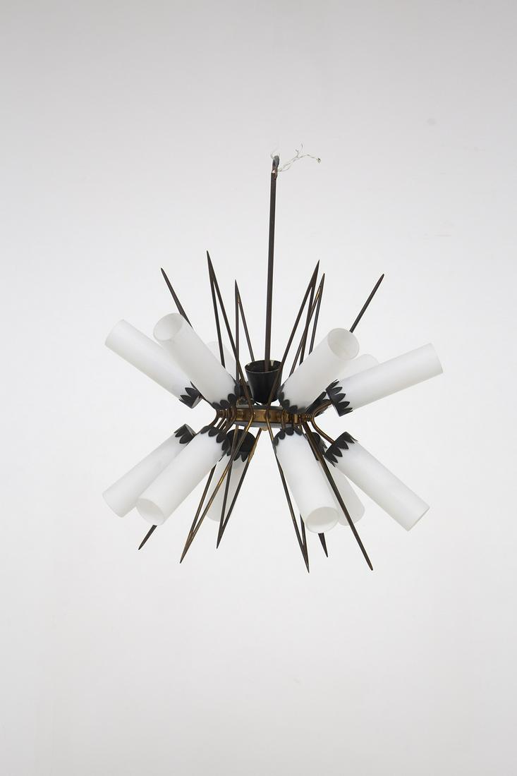 Vintage Chandelier in Brass and Opaline Glass: Height:83 cm Diameter: 60 cm Vintage brass and glass chandelier designed in the 50's, Italian manufacture.The stem is made of brass: it has a round base from which develop 6 V-shaped elements also mad