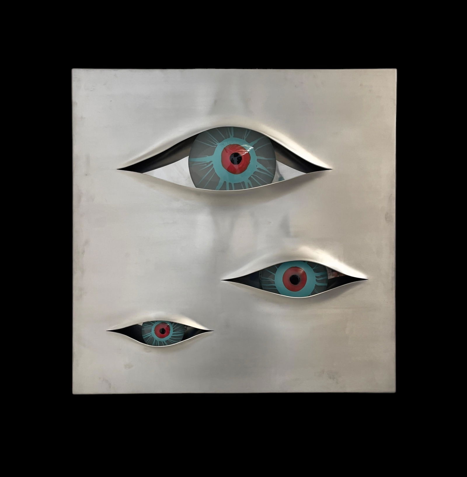 Light sculpture Malizia by Angelo Brotto for Esperia: cm 80x80 Depth 12 cm Stainless steel, aluminum and Murano glass panel. Manufacturer's mark present. Prod. Esperia 1974