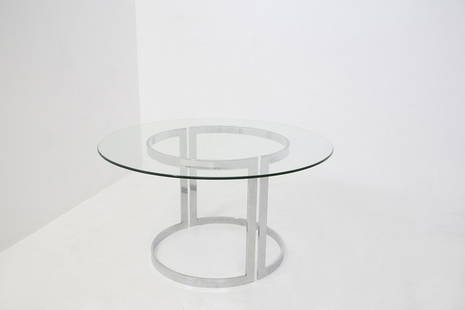 Vittorio Introini ( - ) Vittorio Introini dining table from Vips Residence: Height: 72 cm Diameter: 132 cm Glass dining table designed by Vittorio Introini for Vips Residence in MIlano, made in Italy in the 1970s. The table has a transparent glass top. The supporting structur