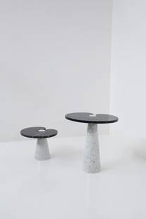 Angelo Mangiarotti (1921 - 2012) Angelo Mangiarotti Side Tables for Skipper Rare Black and: Height: 72.5 cm Width: 67 cm Depth: 46 cm Elegant pair of two-tone marble coffee tables designed by Angelo Mangiarotti for the Skipper manufacture. The pair of coffee tables consists of a high and a l