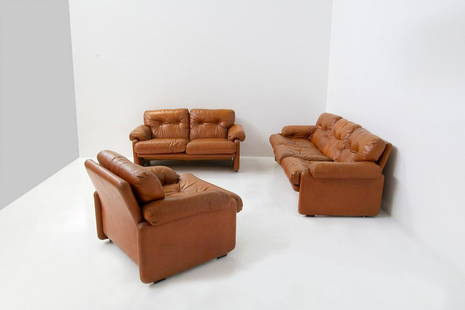 Afra & Tobia Scarpa ( - ) Afra and Tobia Coronado leather living room shoe: Height 75 cm, width 208 cm, depth 94 cm Living room composed of two sofas and an armchair by Afra and Tobia Scarpa, Coronado model for B&B Italia. 1960s. 3-seater sofa: Height 75 cm, width 208 cm, dep