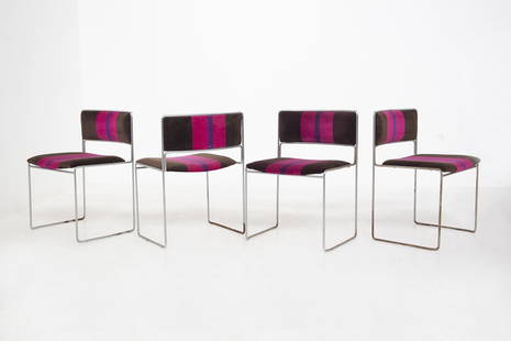 Four chairs: Height 77 cm , Width 55 cm cm, Depth 49 cm, Seat Height 45 cm Four chairs in steel and velvet original fabric. Kill International Production. 1960s.