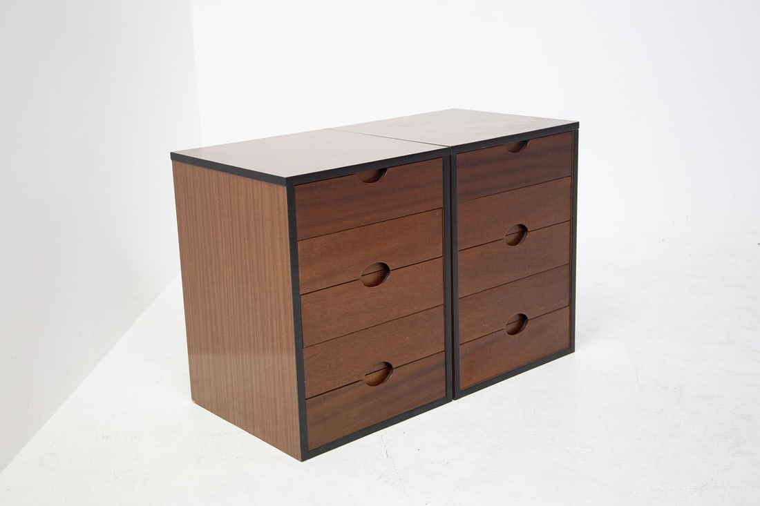 Pair of Chest of Drawers by Luigi Caccia Dominioni for Vips Residence: Height: 67 cm Width: 49 cm Depth: 48 cm Pair of wooden chests of drawers made by Luigi Caccia Dominioni in the 70s for the Vips Residence. The dressers are made of wood in lighter and darker shades of