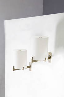 Ignazio Gardella for Azucena Pair of Opaline Glass Wall Lights: Height: 29 cm Width: 17,5 cm Depth: 22,5 cm Pair of wall lamps designed by Ignazio Gardella in the 1950s for the fine Italian manufacturer Azucena. The wall lights are wall-mounted and have a gilded