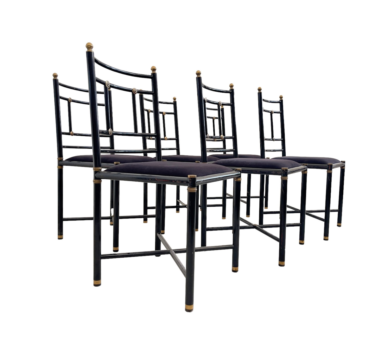 Set of six chairs: Width: cm 46 Depth: cm. 46 Height: cm 95 Seat height cm. 46 Beautiful set of six chairs in painted metal, brass and fabric. Italian manufacture. 1960s/70s.