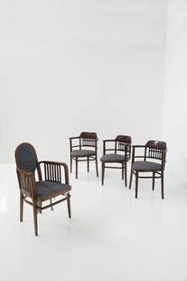 Set of Four Chairs by Otto Wagner for Jacob & Jasef Kohn, label: Height: 95.5 cm Width: 56 cm Depth: 58 cm Set of four chairs attributed to Otto Wagner for the prestigious Jacob & Jasef Kokn manufacture, the chairs are three identical chairs and a head chair. Under