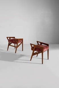 Gio Ponti Pair of stools: Height: 55 cm, Width: 44 cm, Depth: 47 cm Pair of Gio Ponti stools in pink corduroy lining.