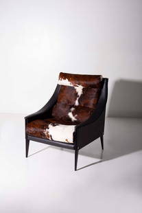 Gio Ponti Dezza Armchair: Height 98 cm, Width 83 cm, Depth 56 cm Exclusive armchair with black lacquered wooden supporting frame. The back, armrests and two sides are upholstered in black leather. The back and seat cushions up