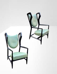 Gio Ponti Armchairs Triennale: Width 62 - Depth 70 - Height 106 Cm Seat height 42 cm Wood frame and skai upholstery. Prod. ISA Bergamo, 1951. Present manufacturer's label. ISA Bergamo certificate available.