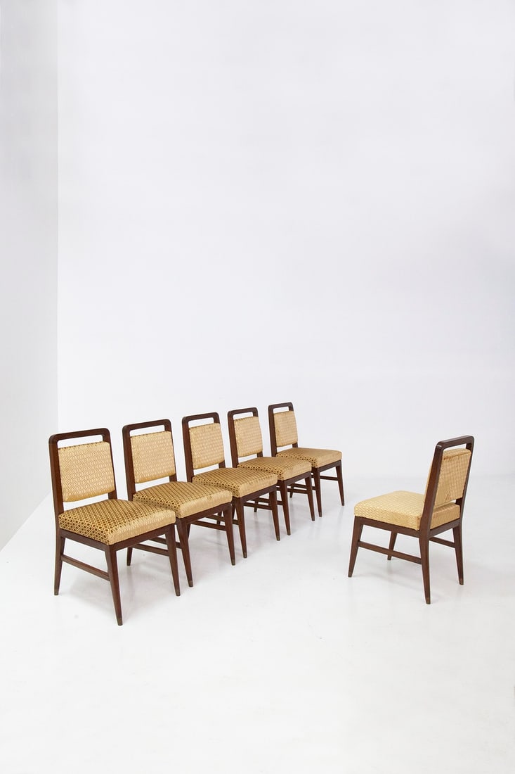 Edward Wormley Set of six chairs (Attr): Height: 86cm Width: 47cm Depth: 51cmElegant Set of six chairs attr. to Edward Wormley 1950s. Made of wood, with brass ferrule feet. Upholstered in an elegant yellow damask velvet.
