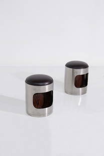 Vittorio Introini Pair of poufs attr. to Vittorio Introini: Height: 39 cm, Diameter: 30 cm Pair of 1970s poufs attributed to Vittorio Introini, made of aluminium with wooden inserts for inserting bottles or objects. Leather seat