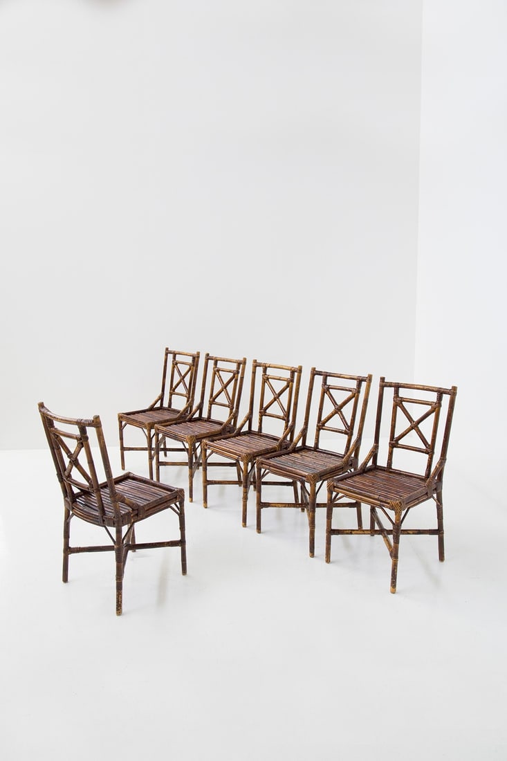 Vivai Del Sud Set of Bamboo Chairs: Height: 90 cm, Width: 42.5 cm, Depth: 52 cm Binding and bohemian in style, we offer a set of 6 chairs from the great Italian manufacture VIVAI DEL SUD. The set dates back to the 1970s. The set is stri
