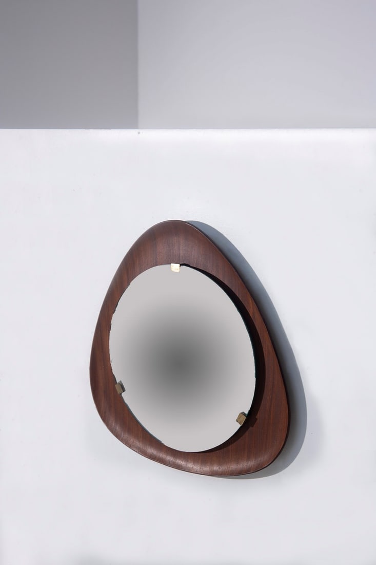 Franco Campo Stilcasa Mirror: Height: 57 cm Width: 58 cm Depth: 8 cm Mirror by Franco Campo and Carlo graffi prod. StilCasa 1950, curved plywood, brass joints.
