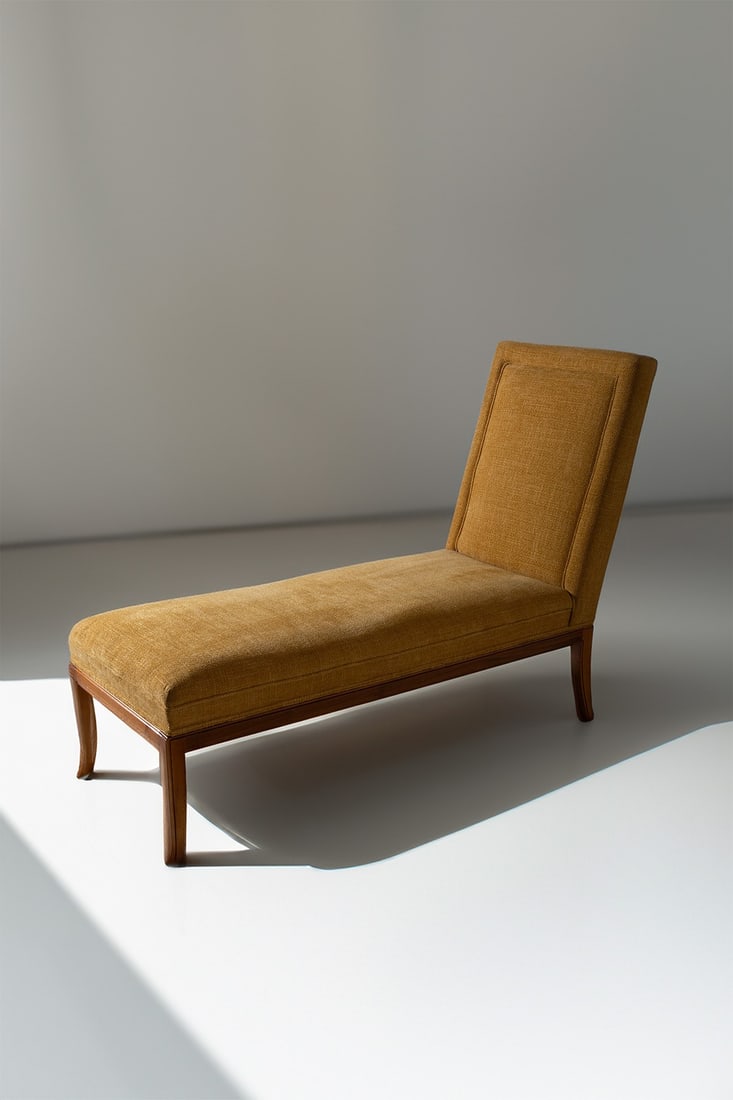 Gibbings T.H. Robsjohn Chaise lounge, LABEL: Width 156 cm, Depth 60 cm, Height 108 cm Chaise lounge upholstered in yellow cotton. Label presents in the back 1950s