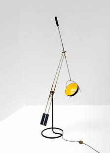Franco Legler Rare Arredoluce Floorlamp: Cm 150,00 x 230,00 x 36,00. Rare floor lacquered metal and brass lamp with two movable arms with counterweight, mod. Movalux for Arredoluce. Manufacturer's mark present. 1952.